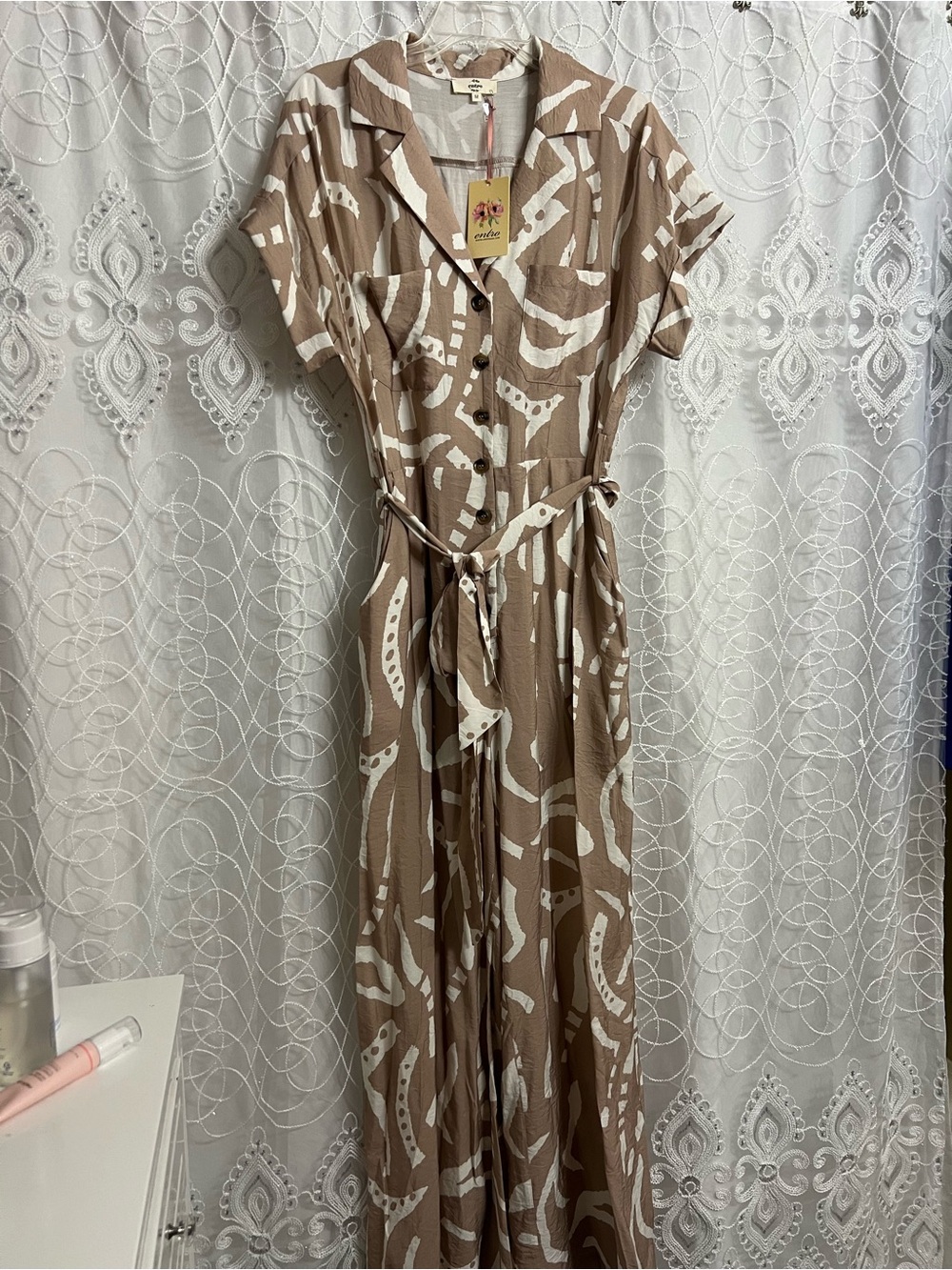 Women’s Taupe & White Jumpsuit with Tie Belt